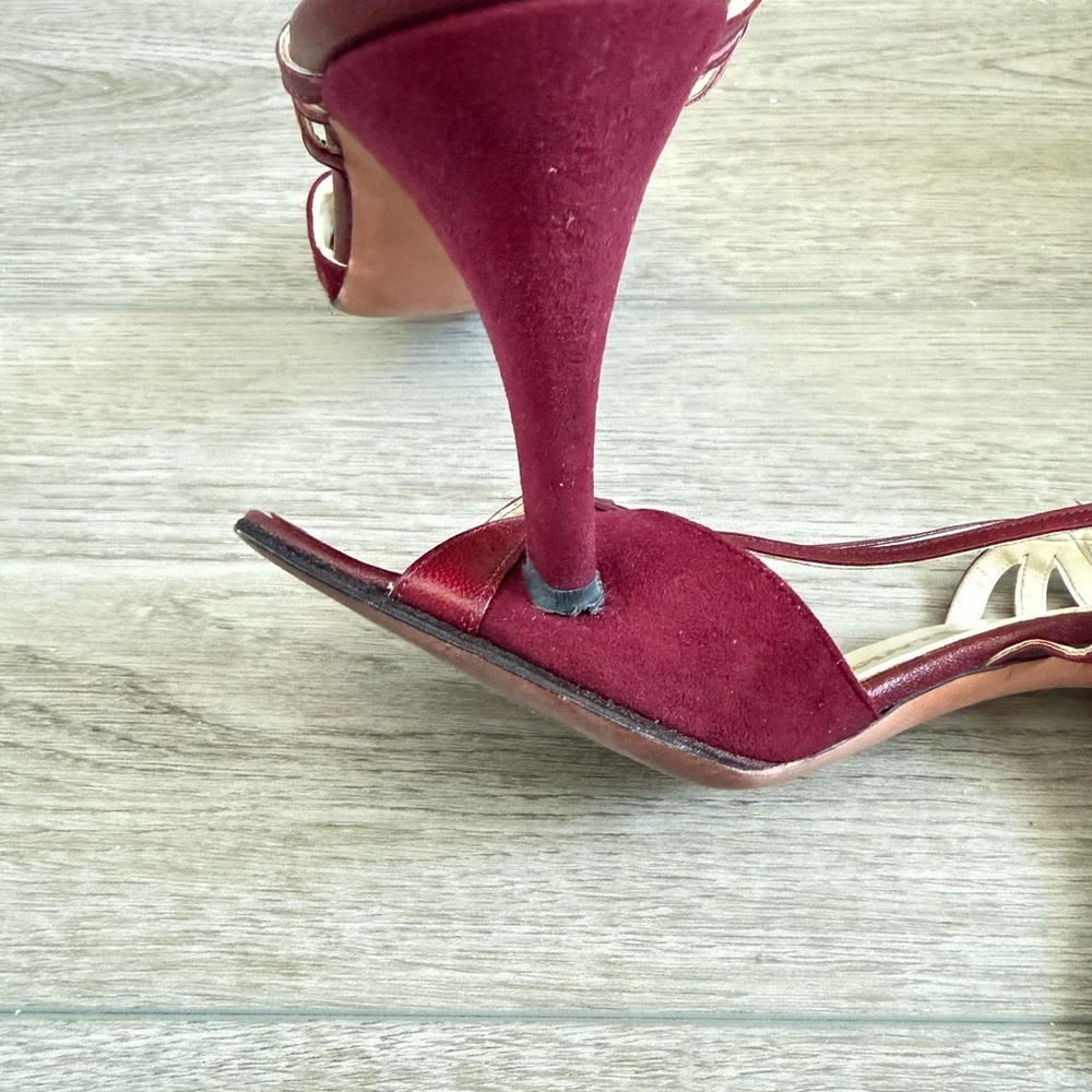 Vintage 70s Frank More New York Burgundy Peep Toe SlingBack Sandals Ankle Strap - Picture 3 of 6